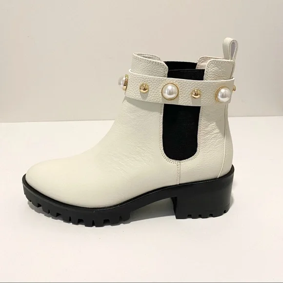 KARL LAGERFELD Pola Leather Off White Pearl Stud Ankle Strap Chelsea Booties NWT - Picture 6 of 16
